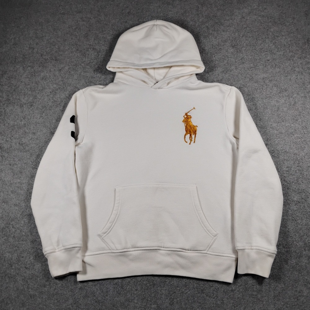 Polo Ralph Lauren Men's White Hoodie Small Big Pony Gold Embroidered Pullover